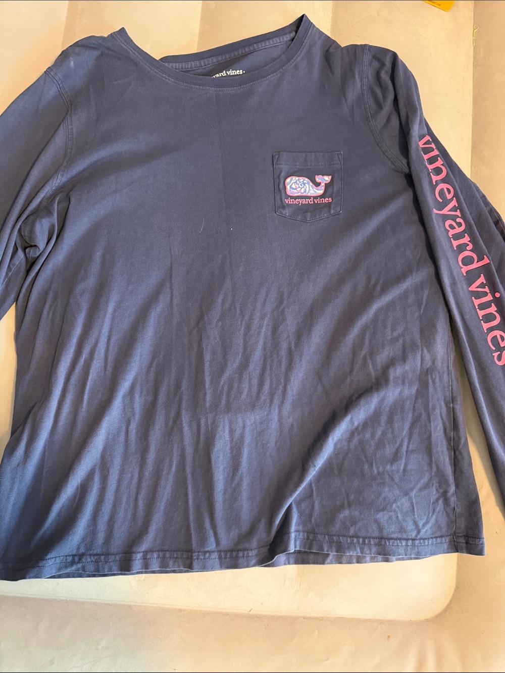 Women’s Vineyard Vines Navy Long Sleeve Pocket Tee with Pink Logo